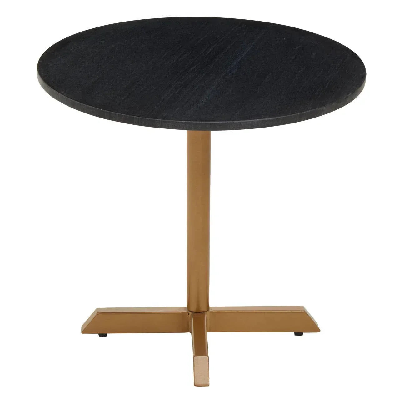 Round black marble side table with gold metal pedestal base, front view