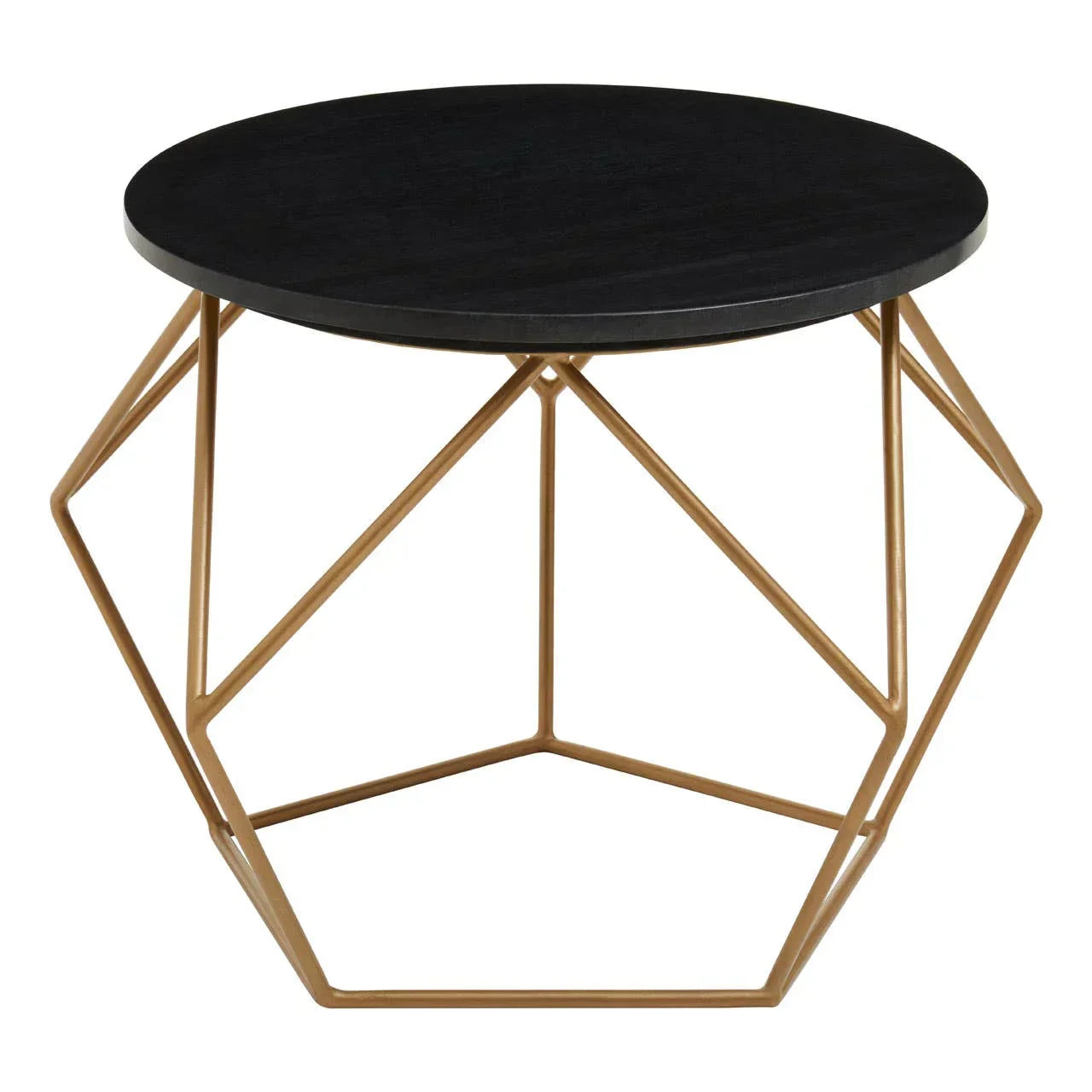 Round black coffee table with geometric gold metal base