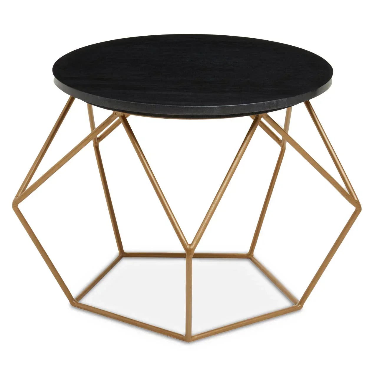 Black round coffee table with geometric gold metal frame base