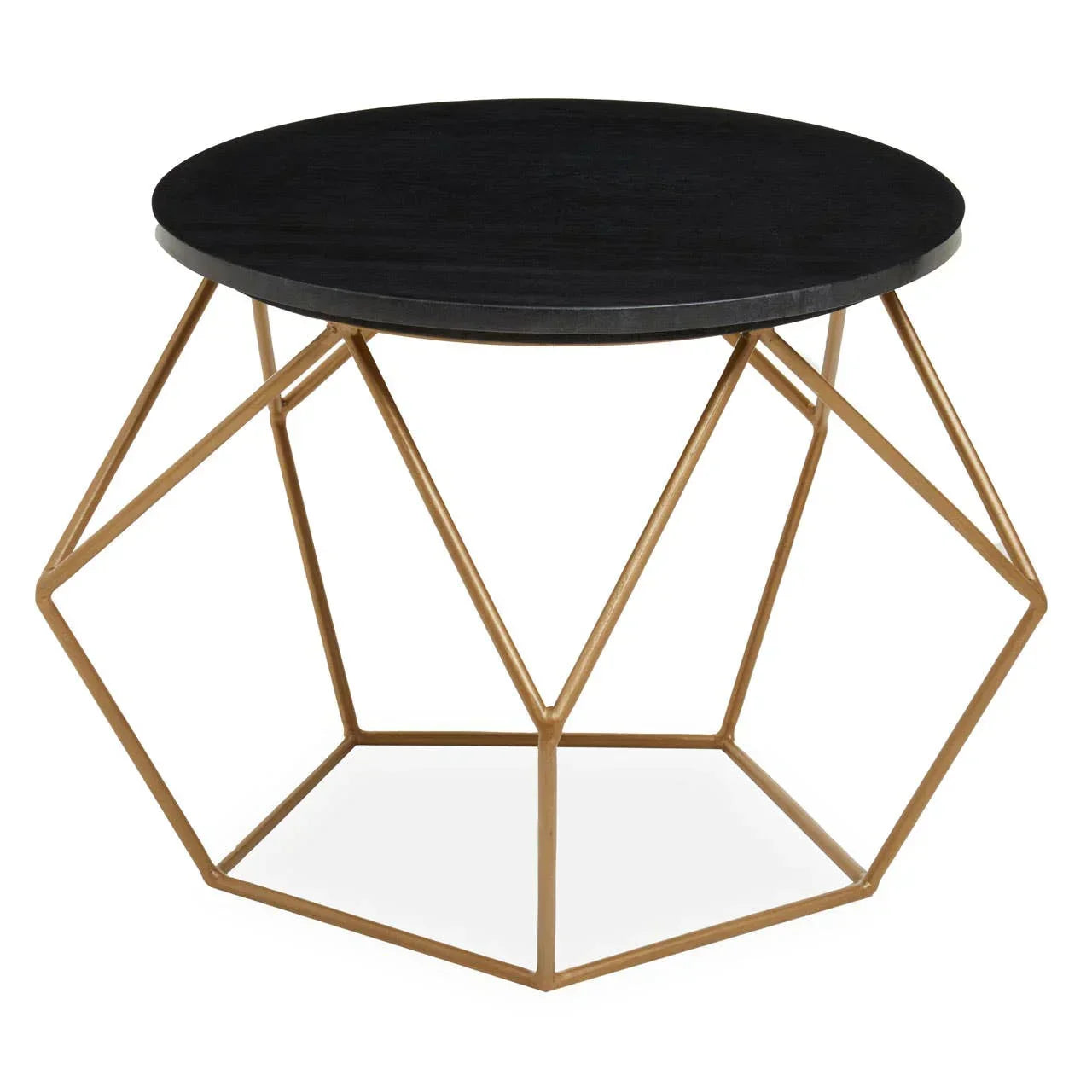 Round black coffee table with gold geometric metal base