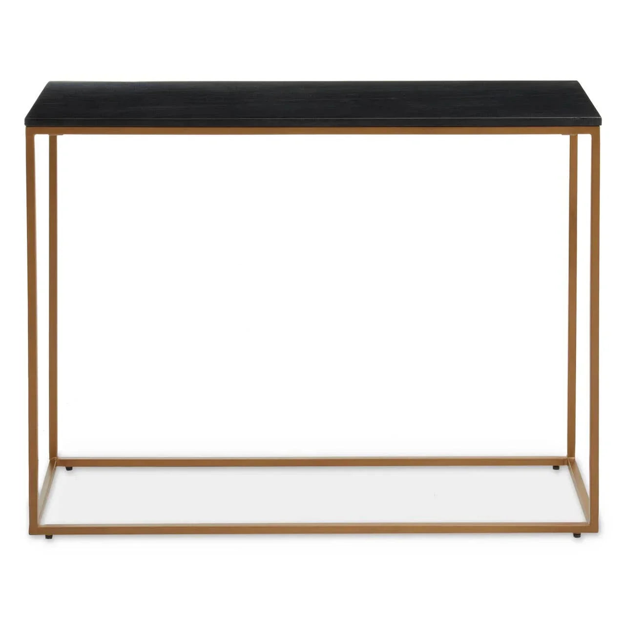 Black wood console table with gold metal frame, minimalist modern hallway furniture