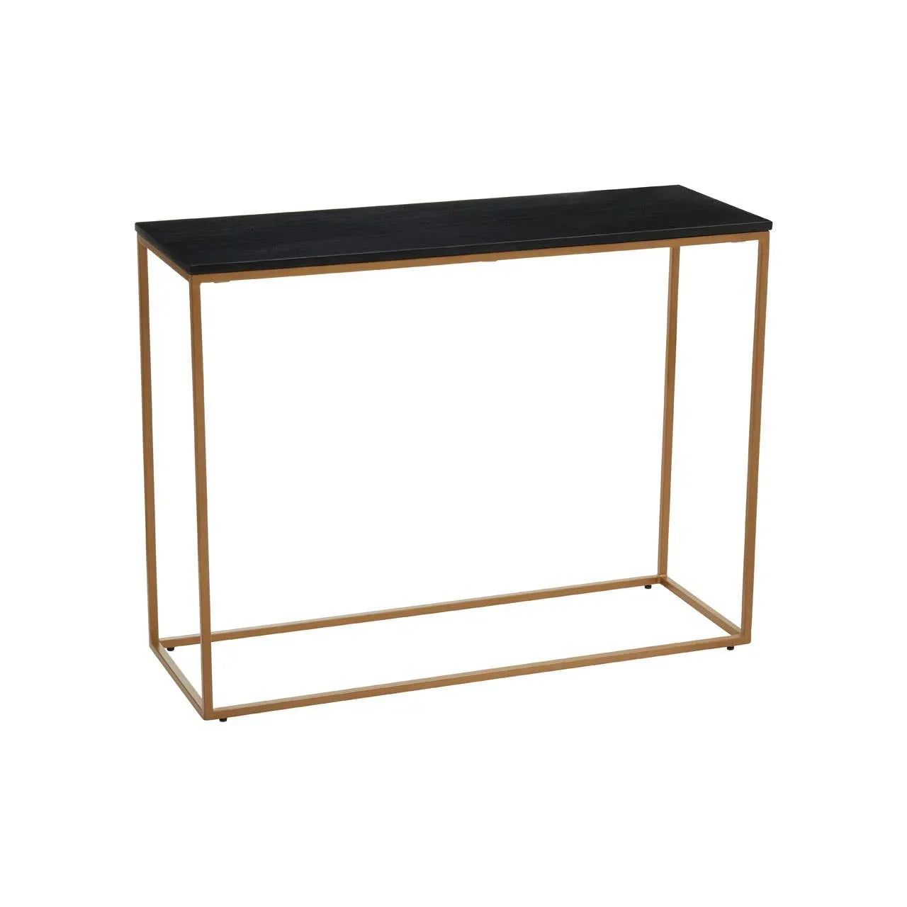 Black console table with gold metal frame and rectangular top
