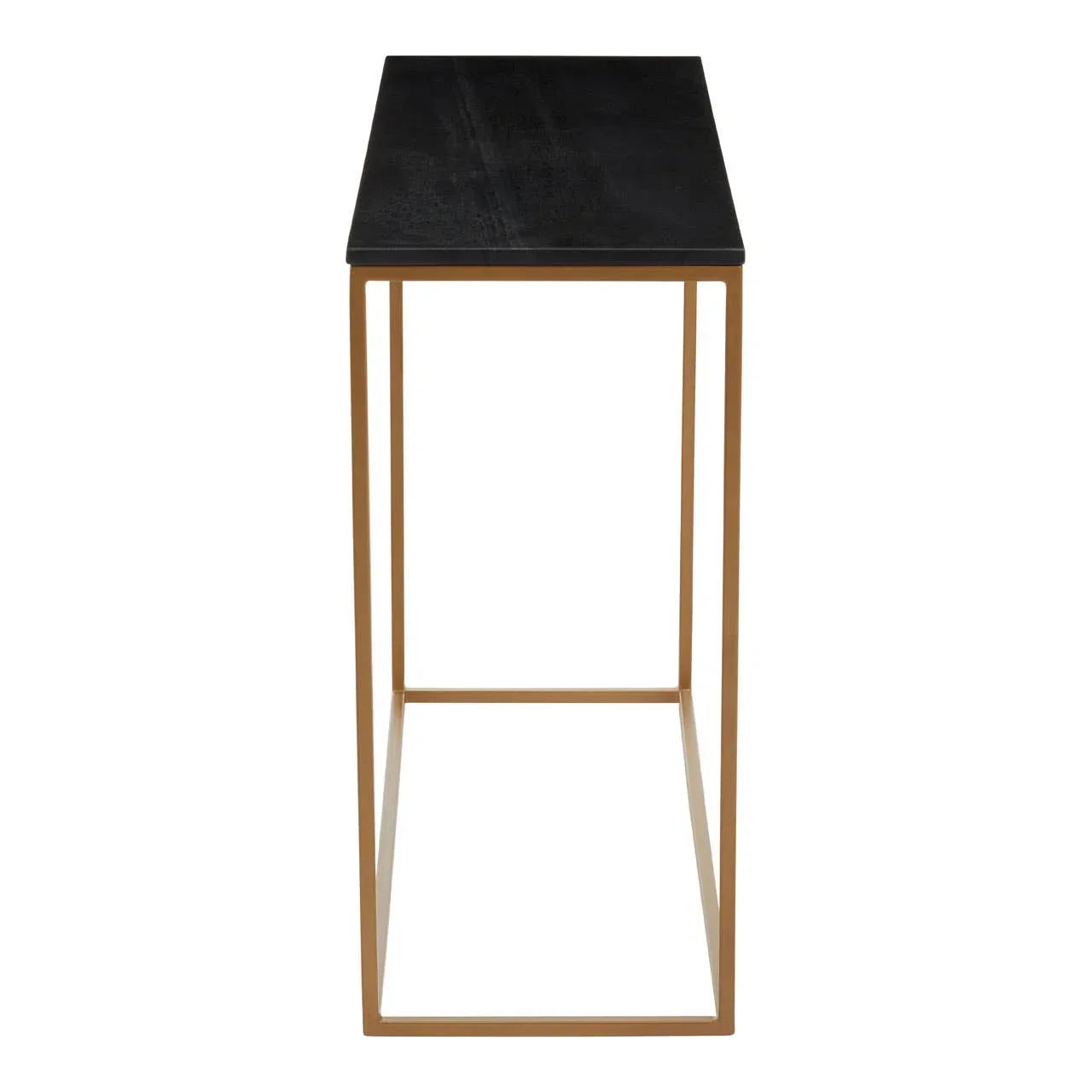 Rectangular console table with black wooden top and gold metal frame, side view