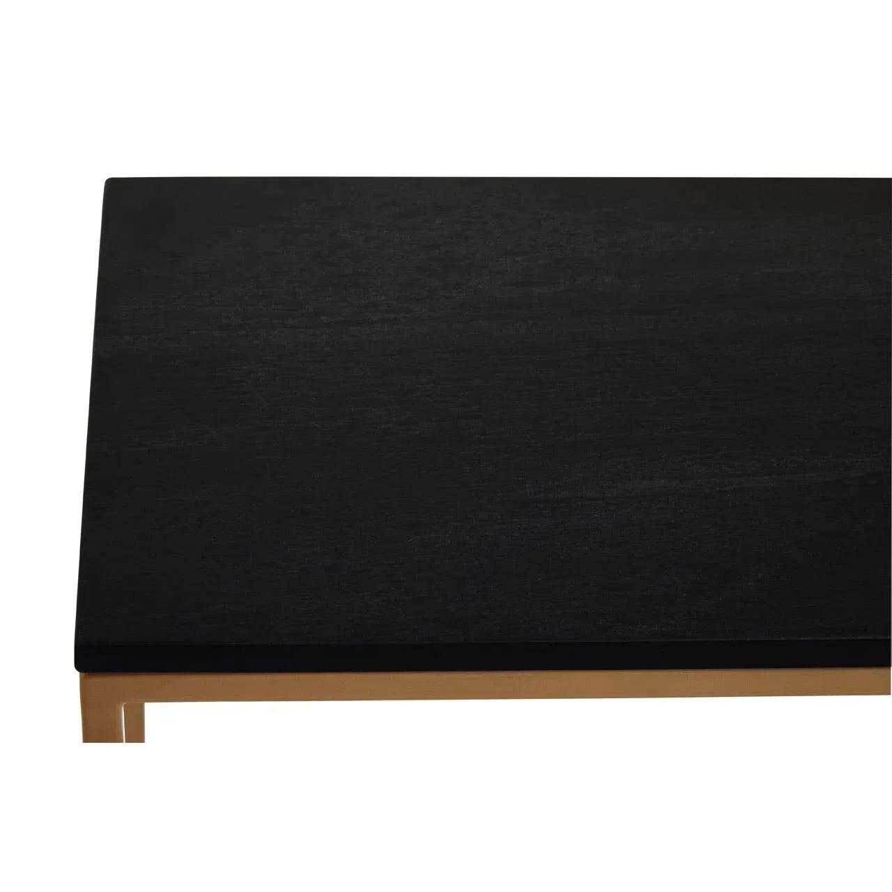 Black wooden tabletop with gold metal frame, modern furniture detail, corner view