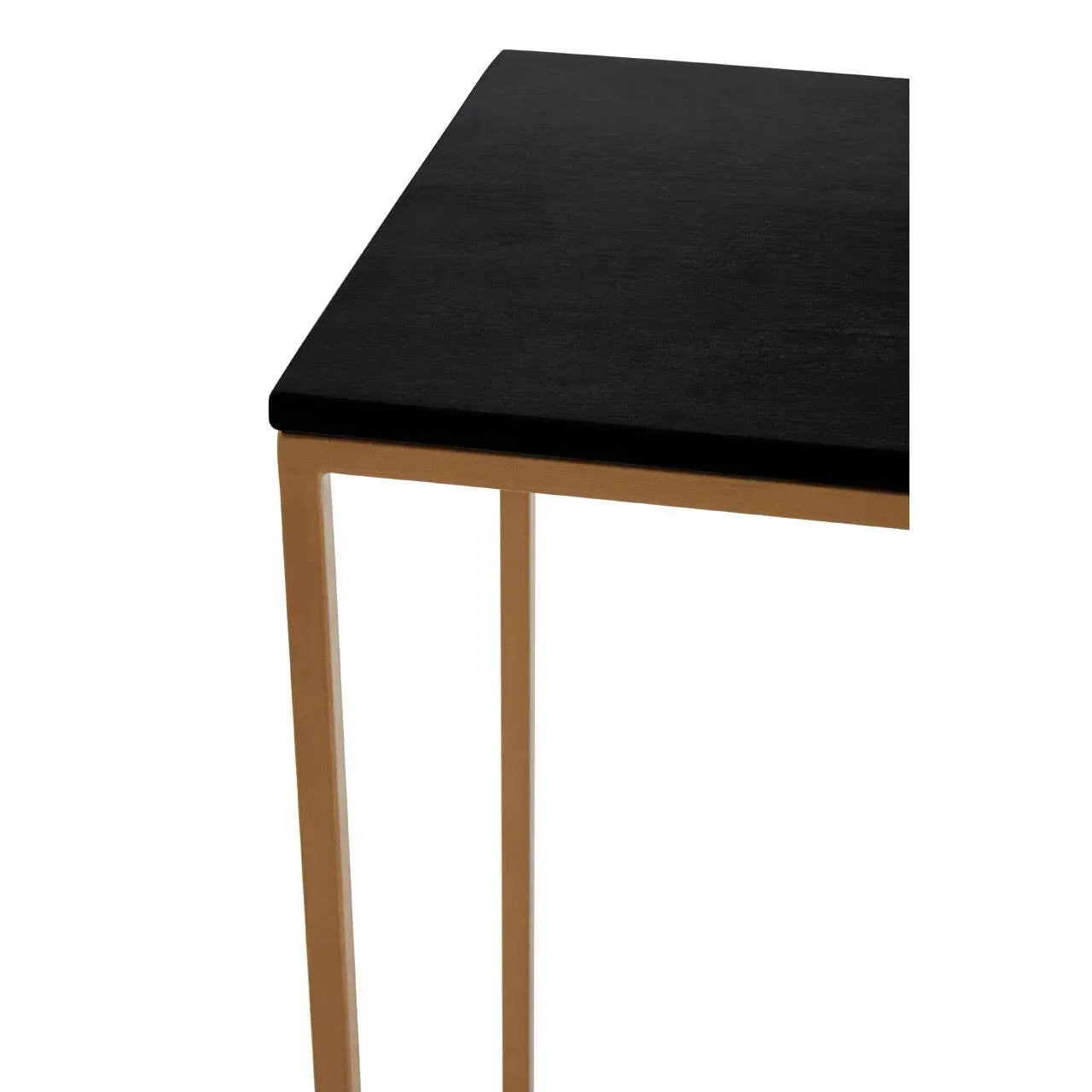 Black wood side table with gold metal frame, close-up of corner and slender legs