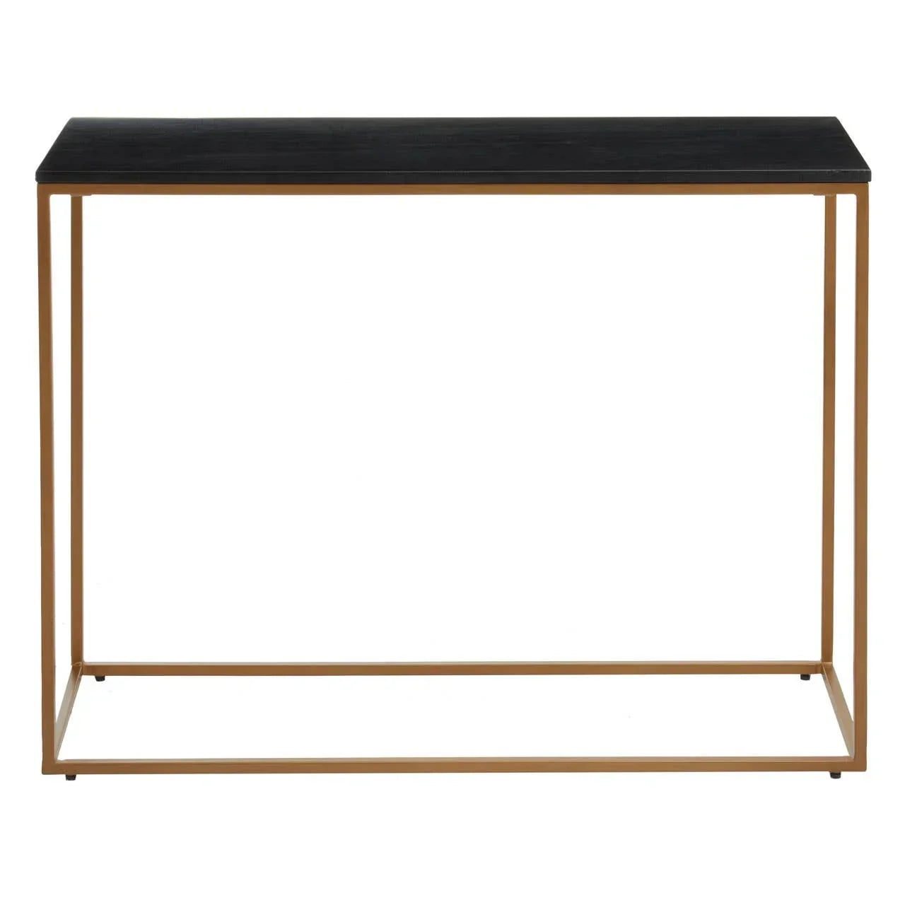 Black console table with slim gold metal frame, modern rectangular design