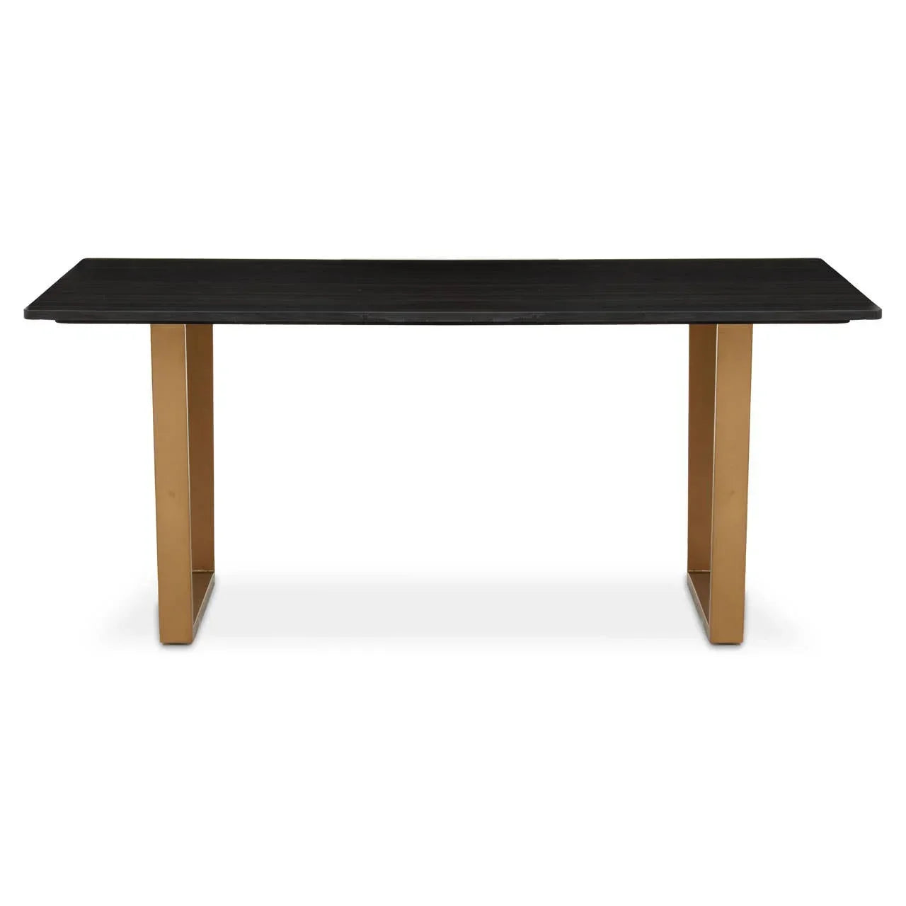 Black dining table with rectangular wooden top and gold metal legs, front view