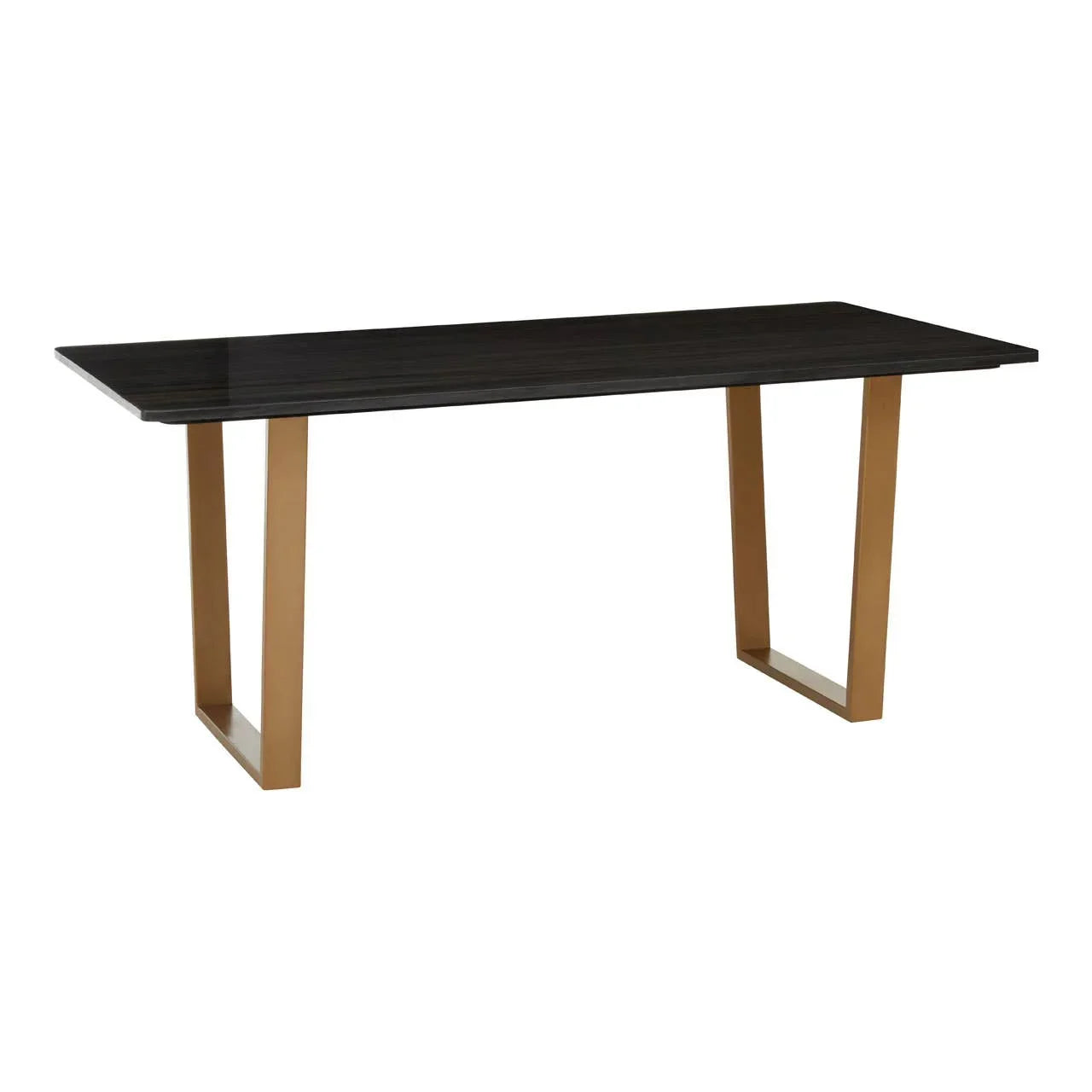 Rectangular dining table with black wood top and gold metal legs
