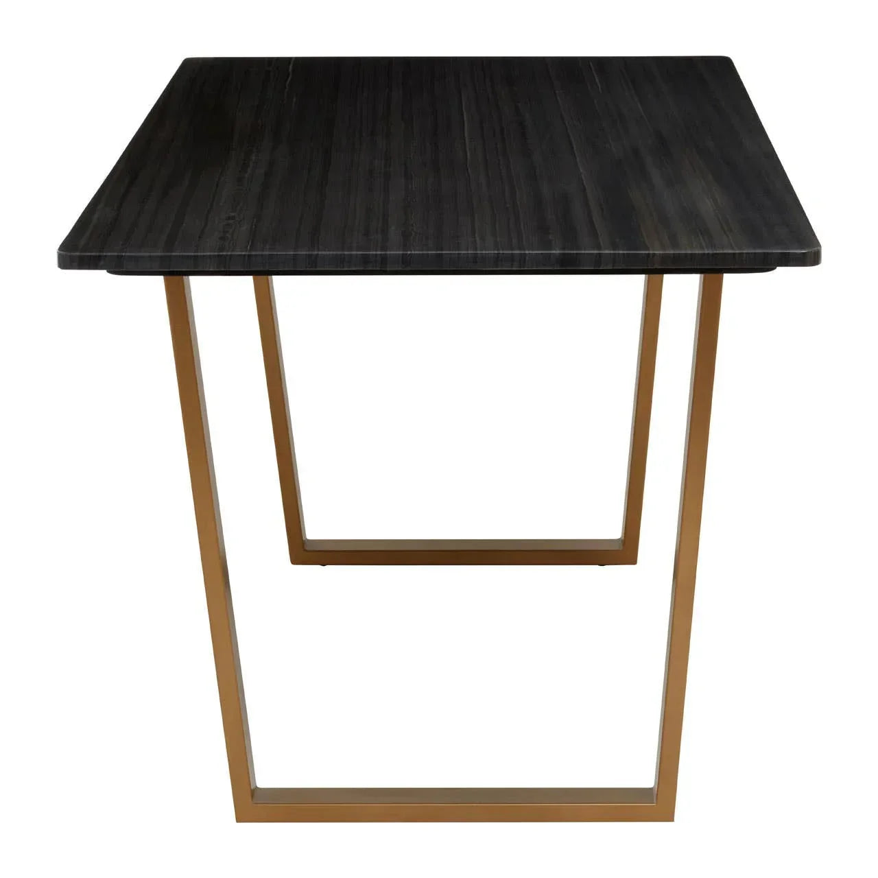 Black wood square dining table with gold metal legs, front angle view