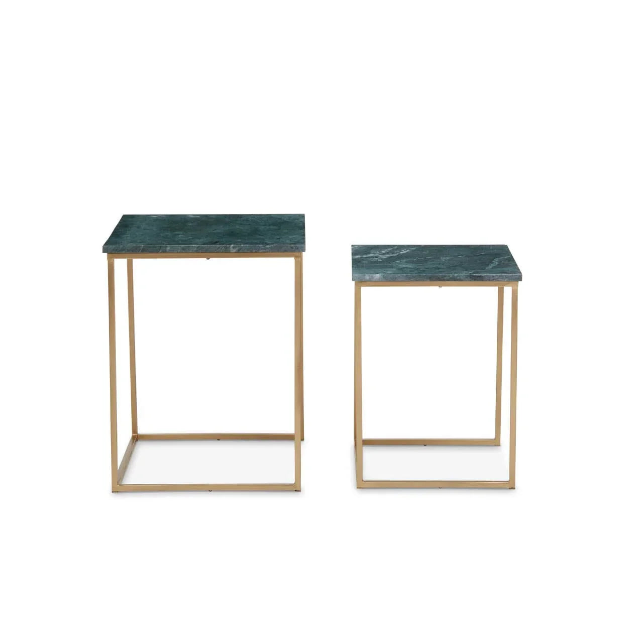 Set of two green marble top side tables with gold metal frames on white background