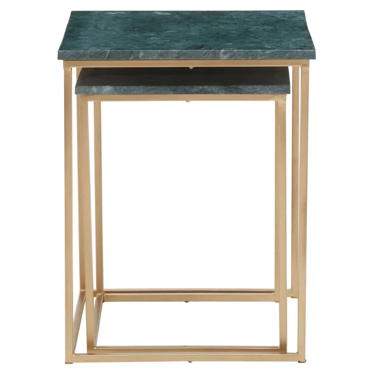 Green marble nesting tables with gold metal frames, front view