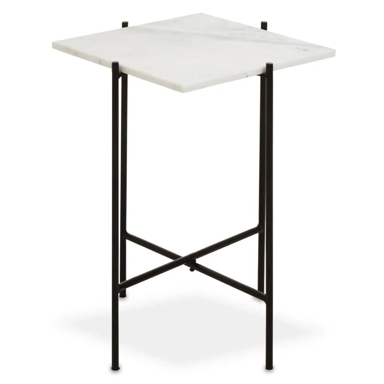 Square marble side table with black metal frame and minimalist design