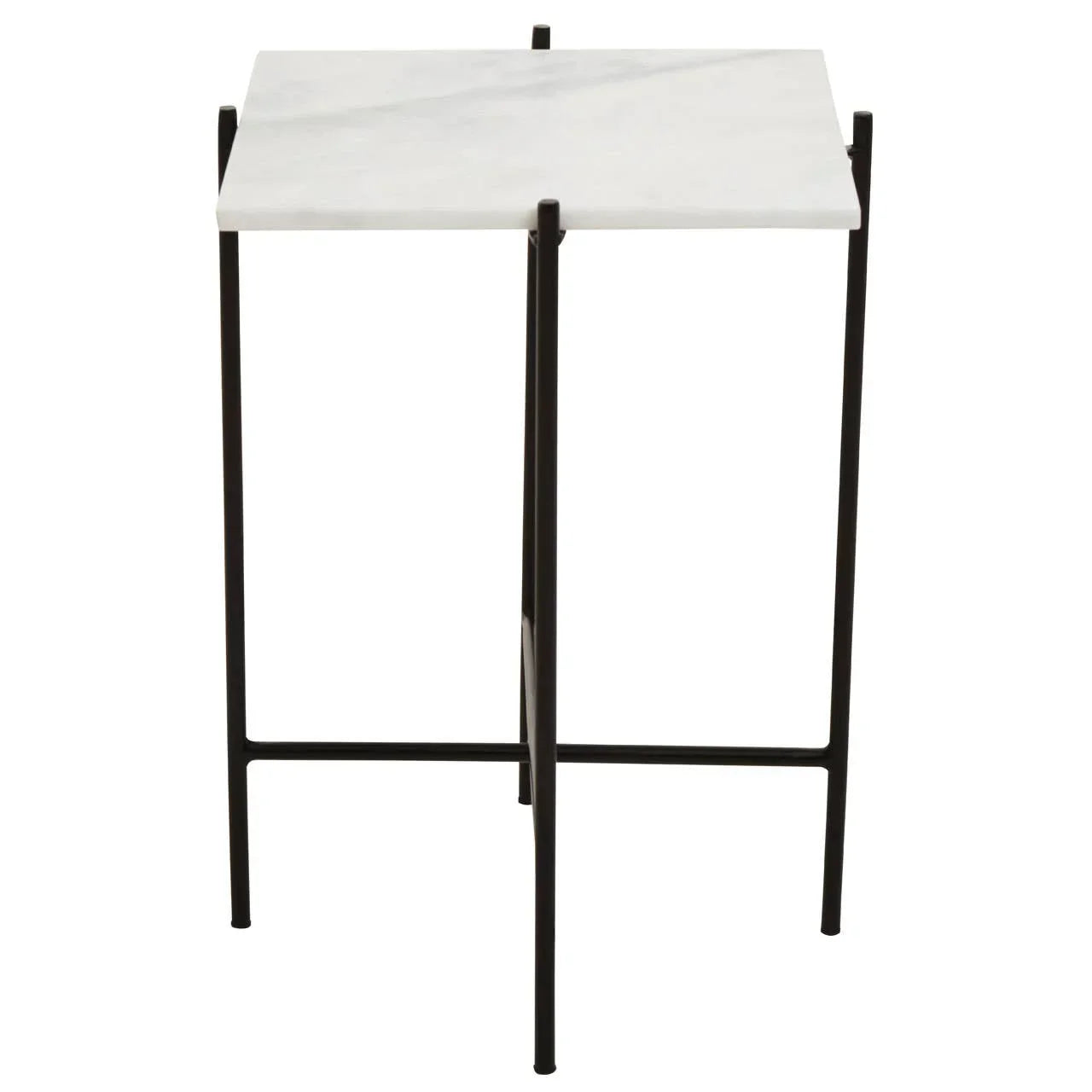 Square marble top side table with black metal frame, modern design