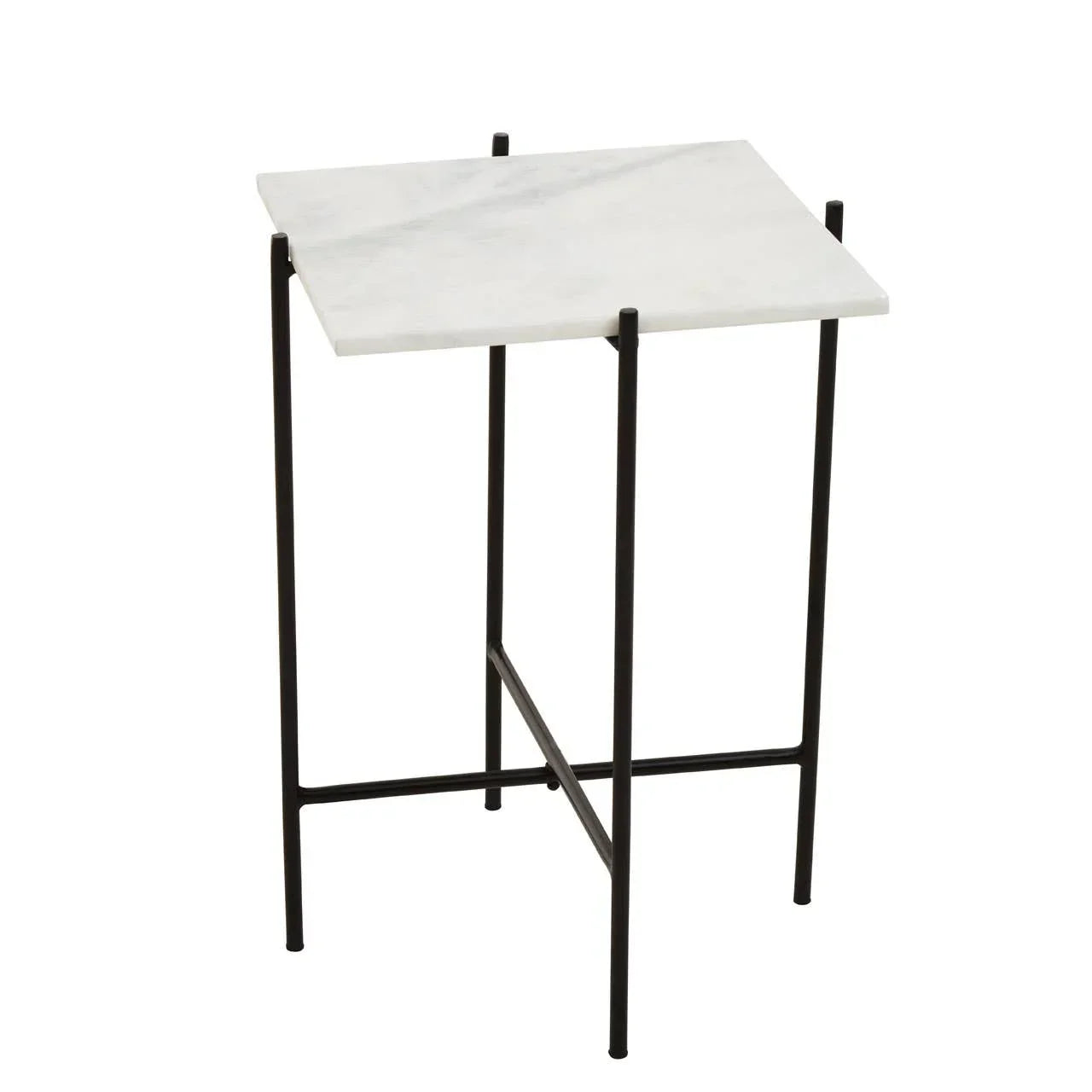 Square marble top side table with black metal legs, modern minimalist design
