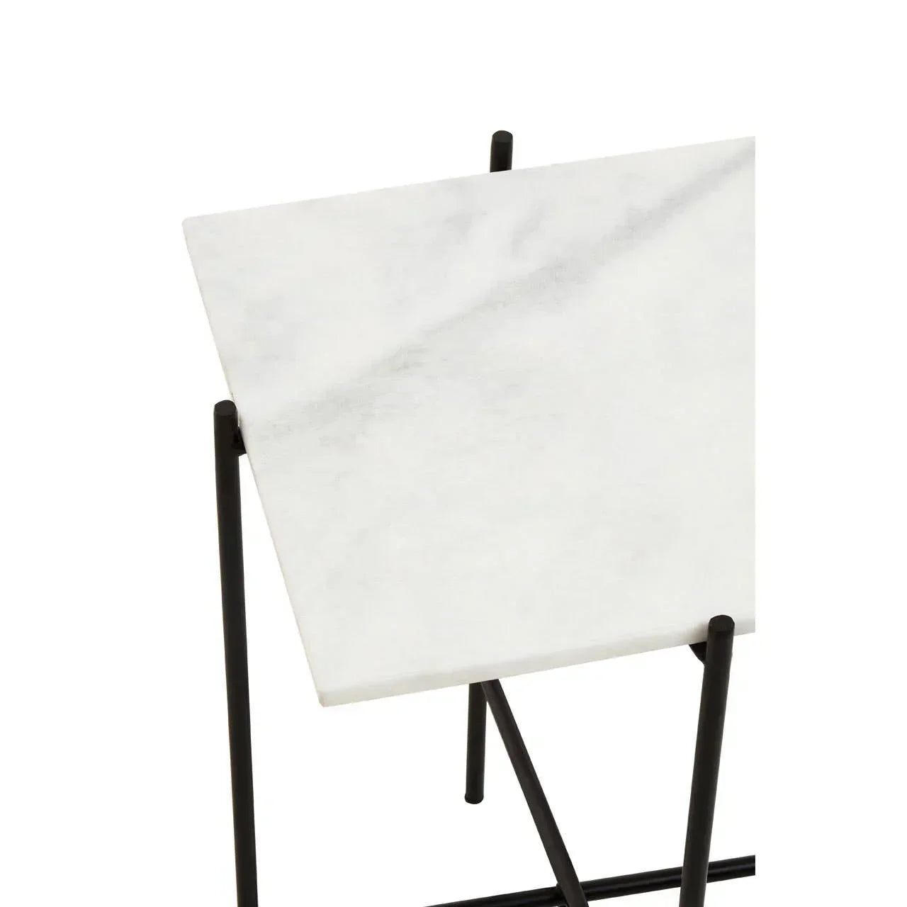 Square marble top side table with black metal legs, angled view