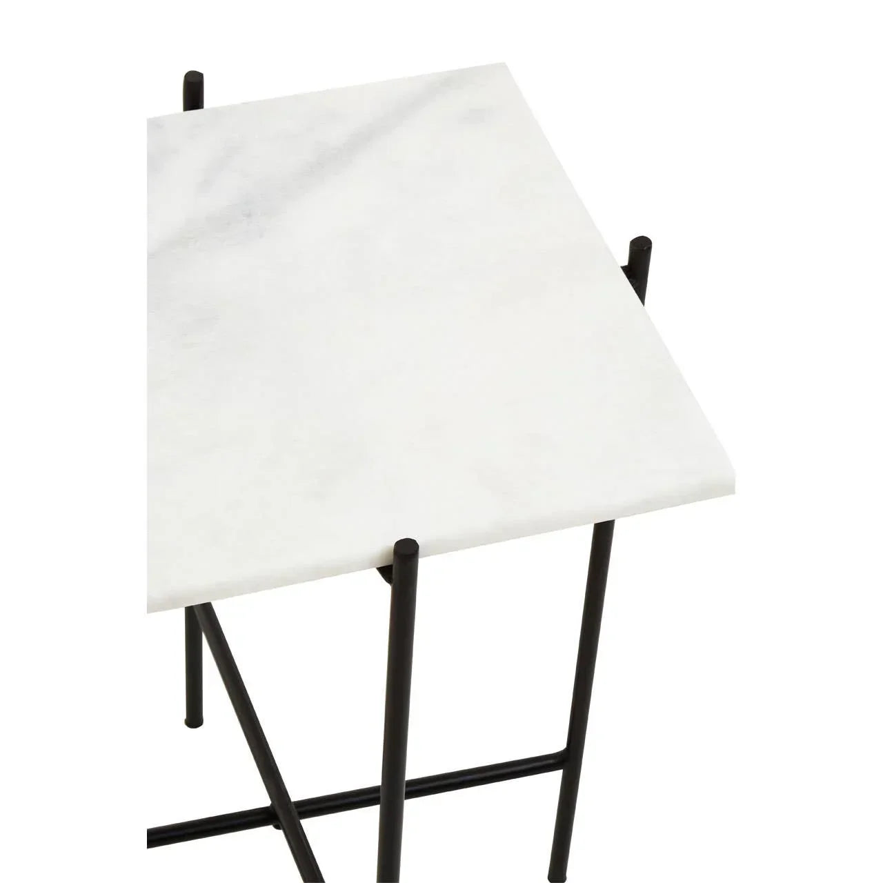 Square marble side table with black metal legs, close up of tabletop and frame corner