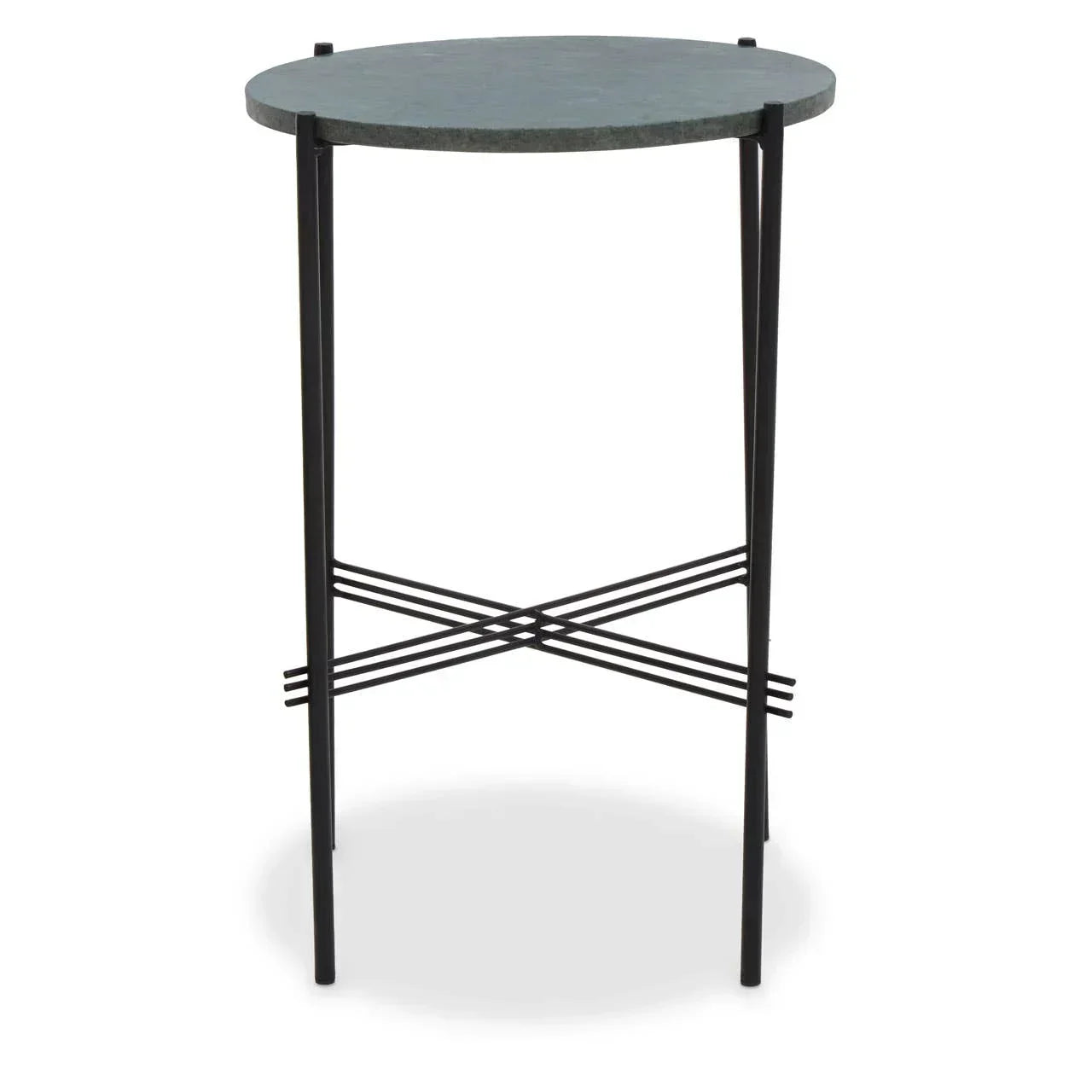 Round side table with dark stone top and black metal legs, modern minimalist design