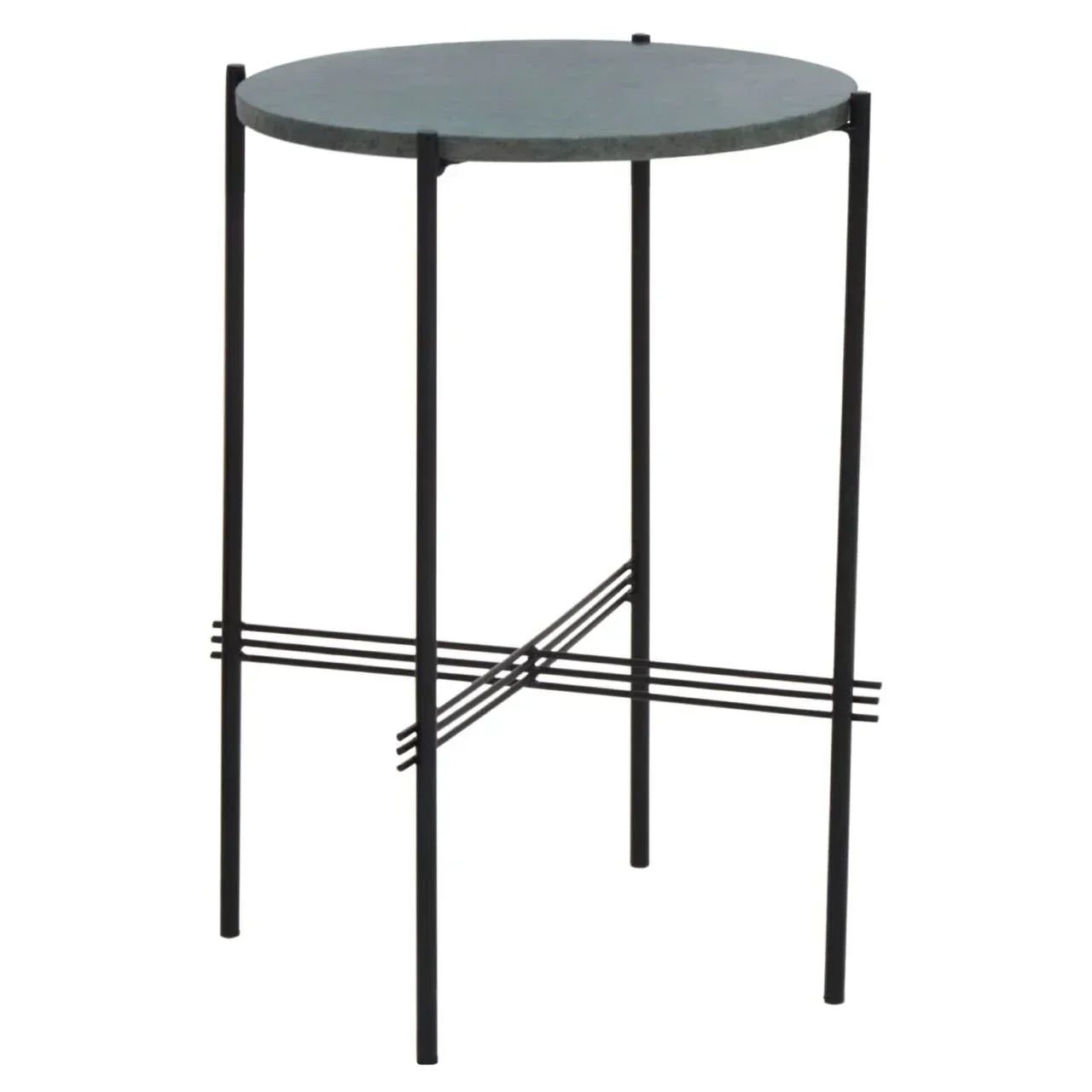 Round side table with dark stone top and black metal legs, crossbar detail at base