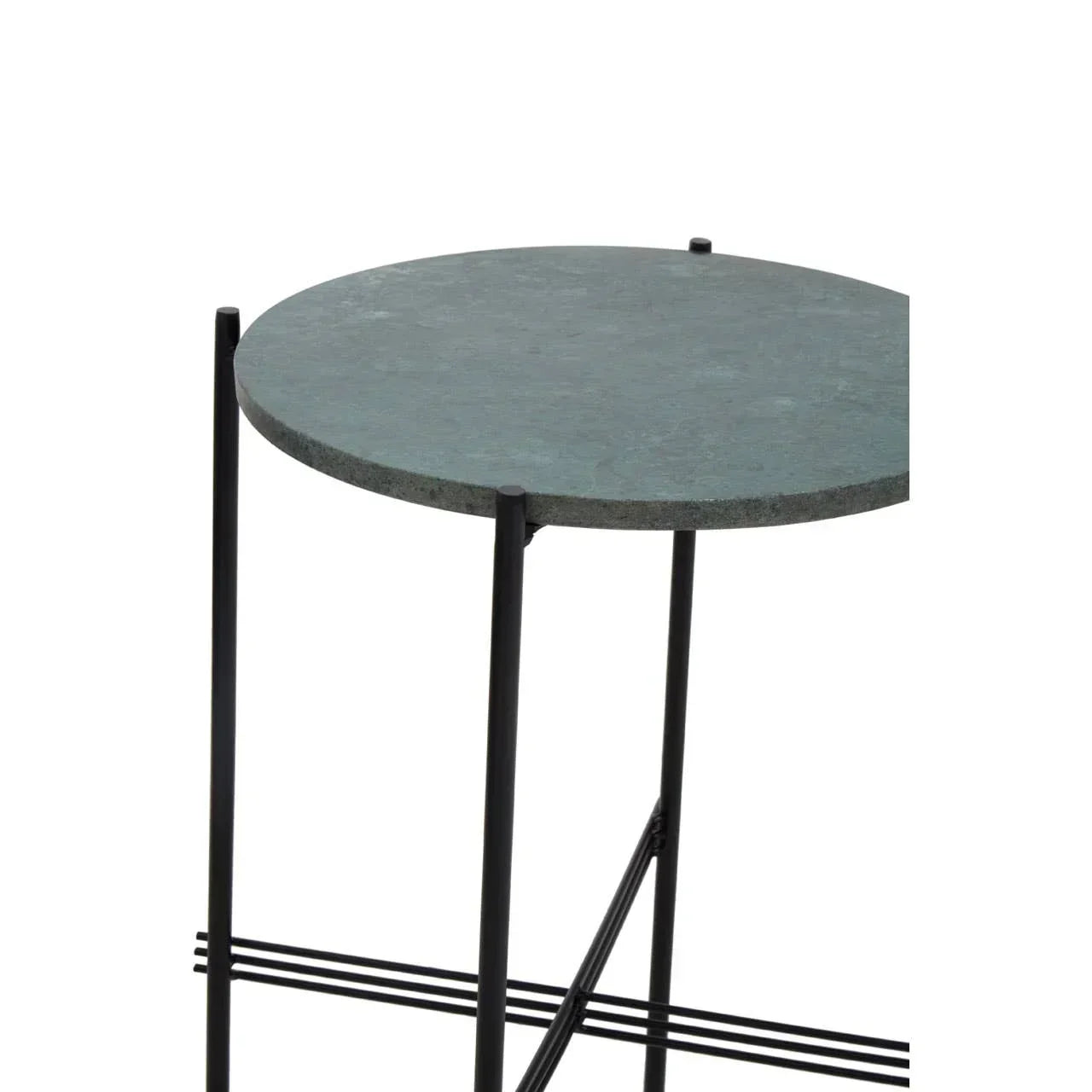 Round stone side table with dark metal legs and minimalist frame design