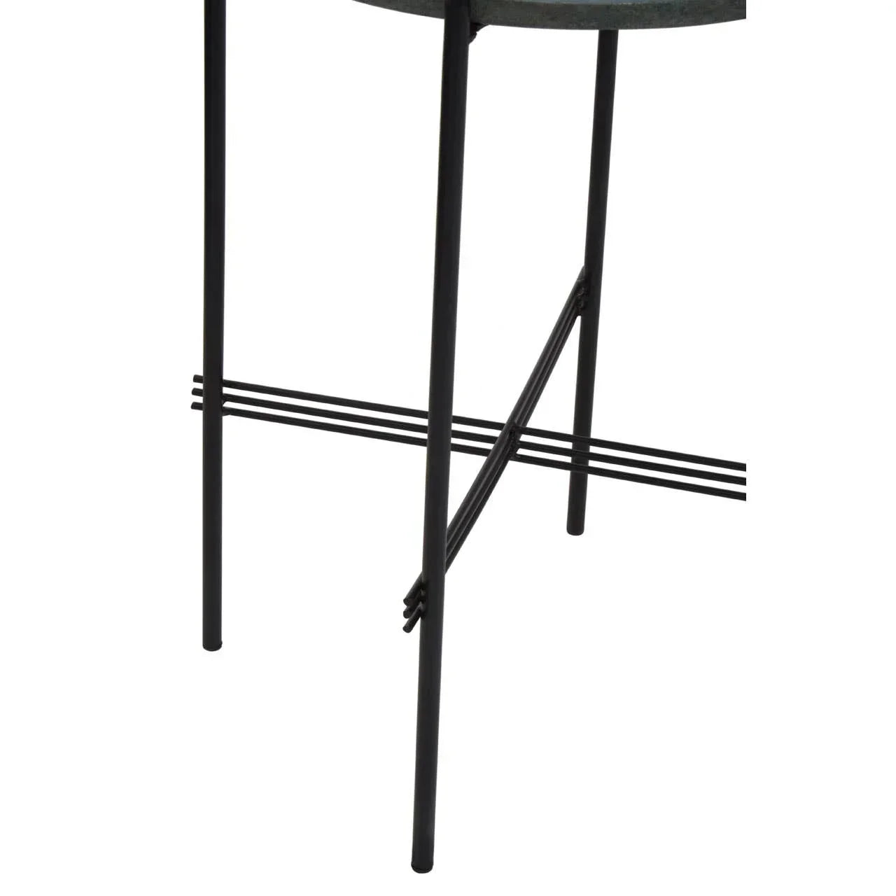 Black metal table legs with crossbar support detail, close-up furniture component view