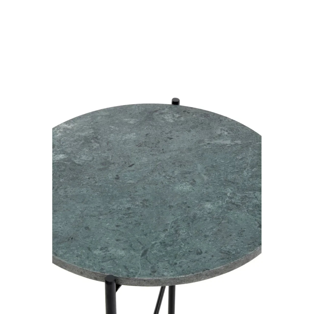 Round green stone side table with black metal legs, close-up of tabletop surface