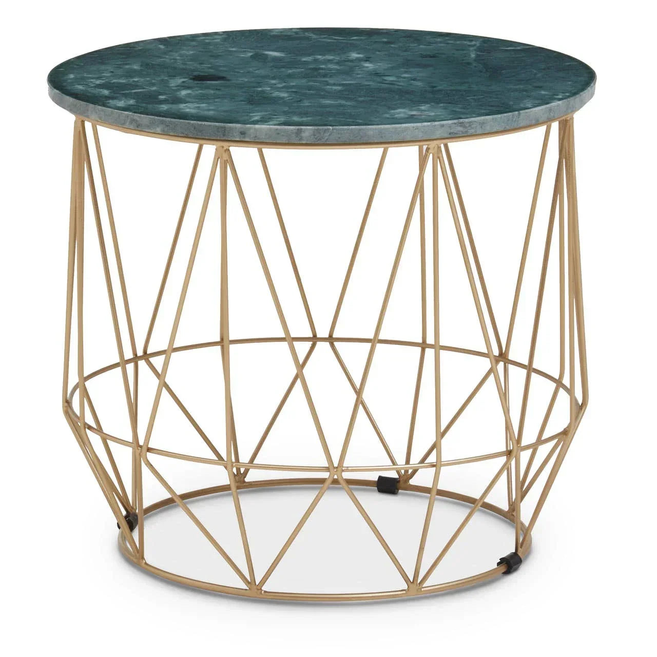 Round side table with green marble top and gold geometric metal base