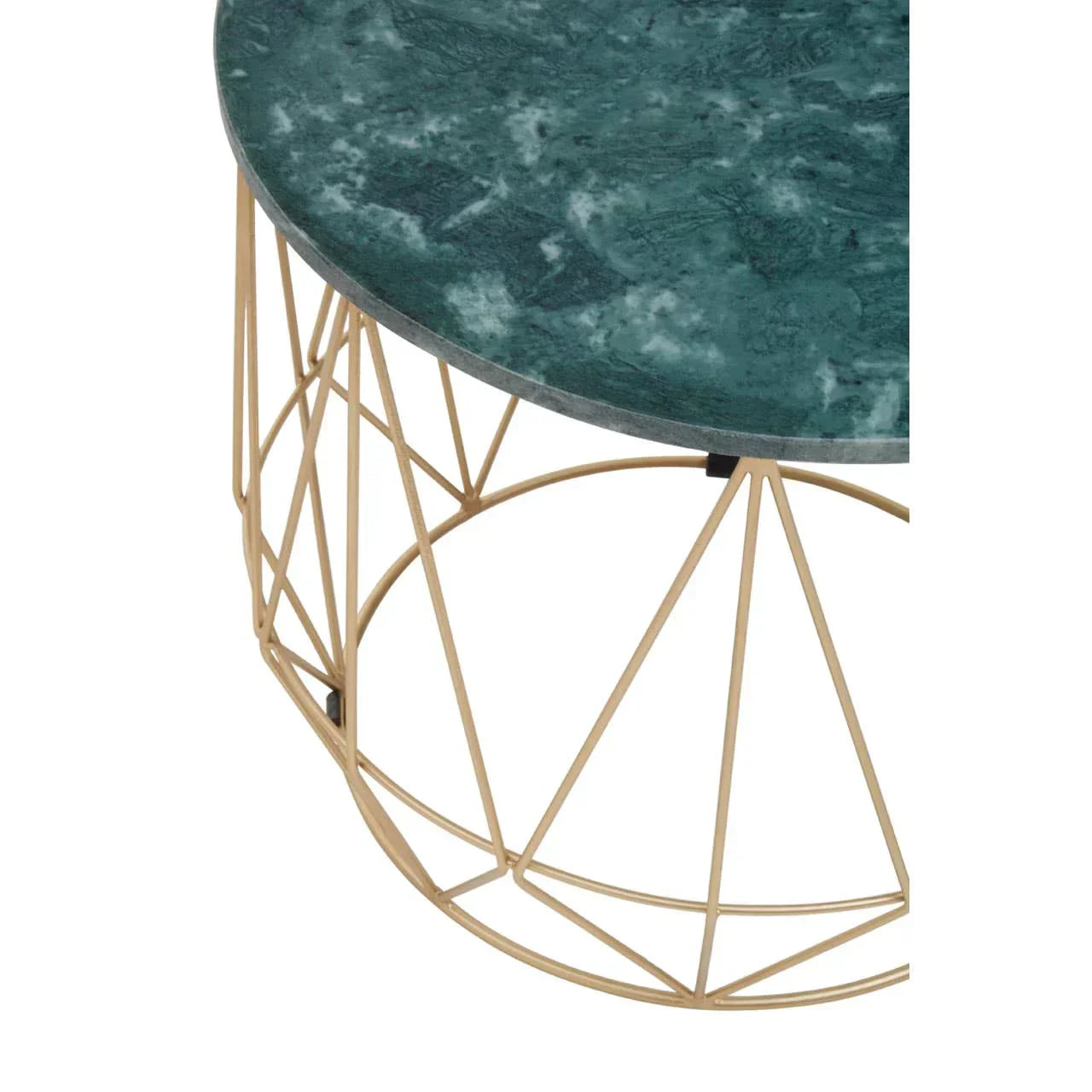 Round green marble coffee table with gold geometric metal base, angled side view