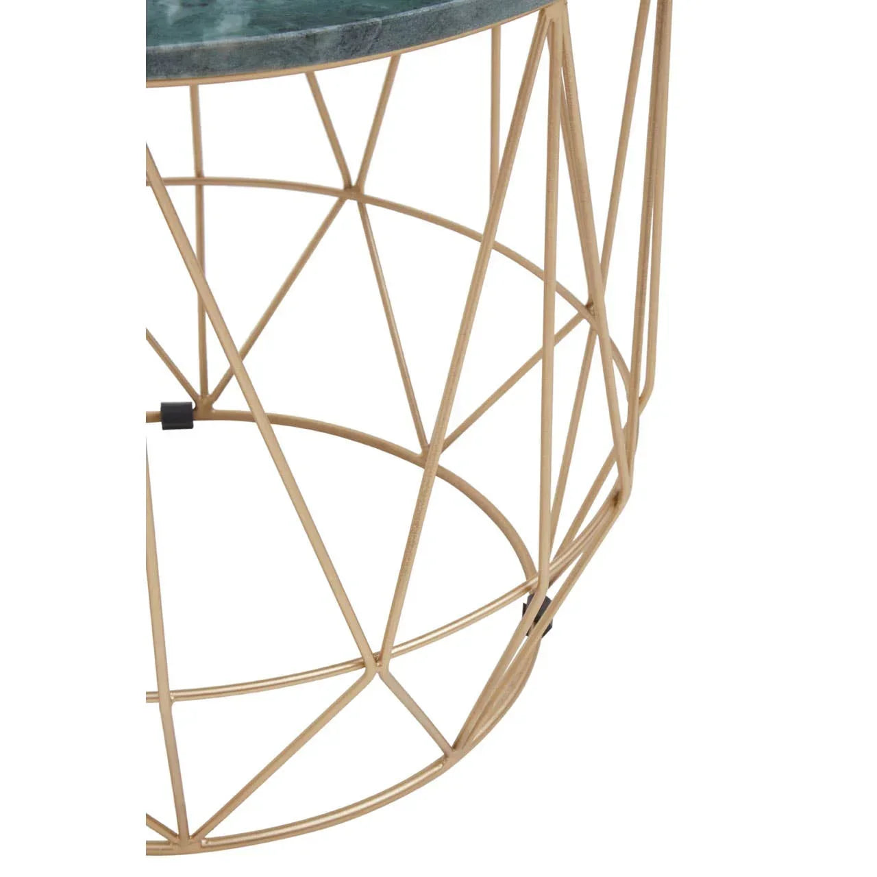 Round side table with gold metal wire frame and green marble top, close detail view
