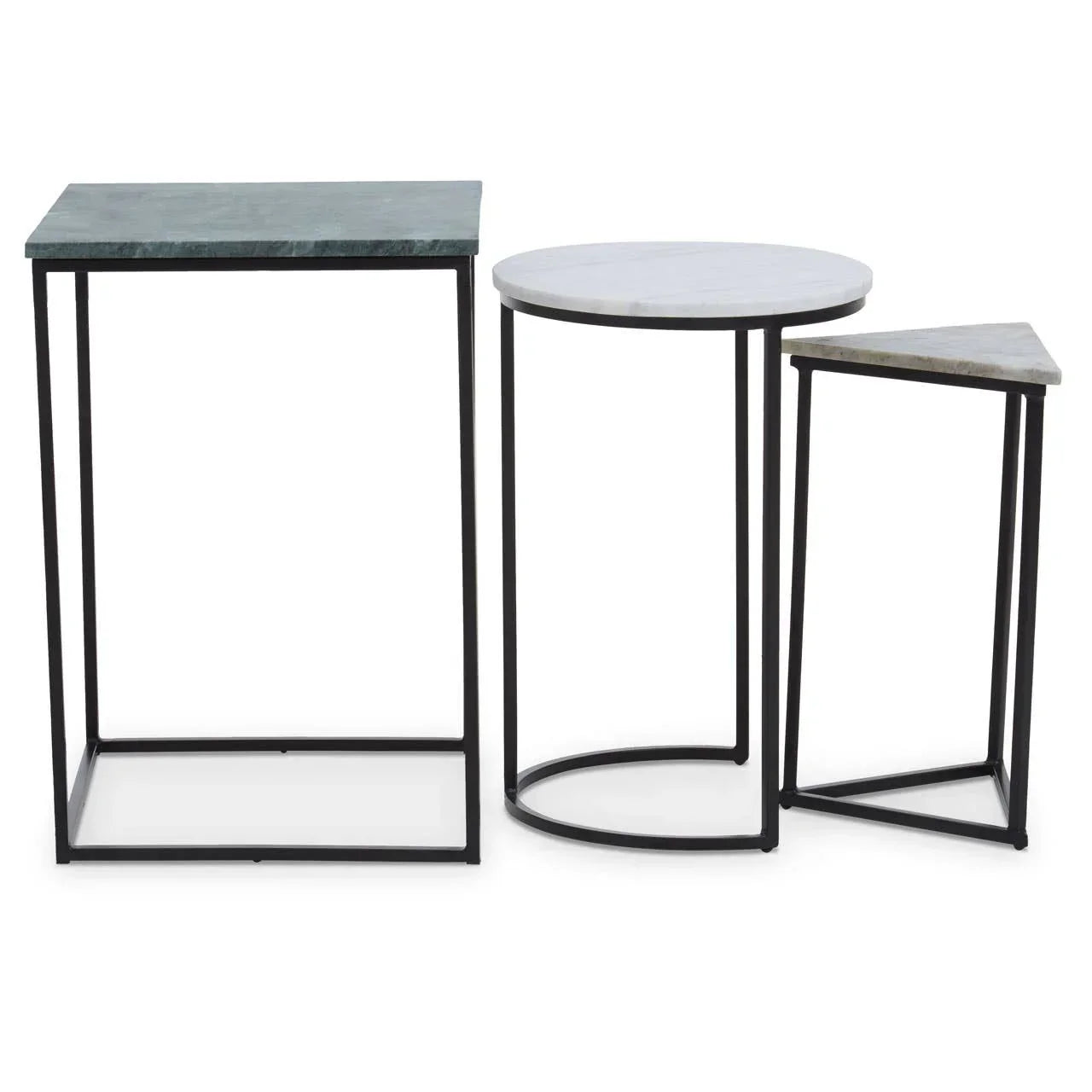 Set of three marble top nesting tables with black metal frames in square, round, and triangle shapes