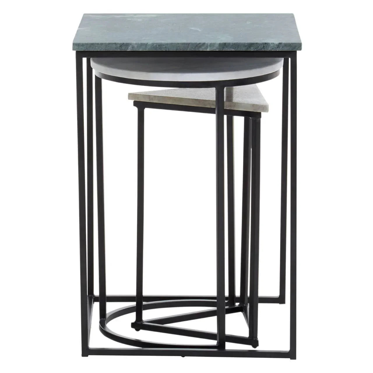 Modern nesting tables with black metal frames and marble tops in stacked arrangement