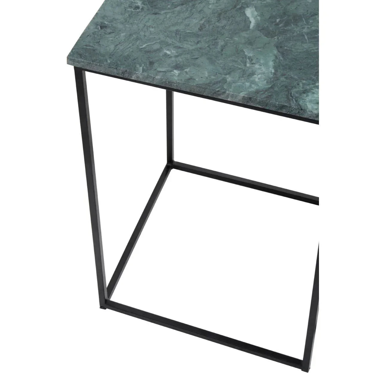 Green marble side table with black metal frame, close-up of tabletop and leg design