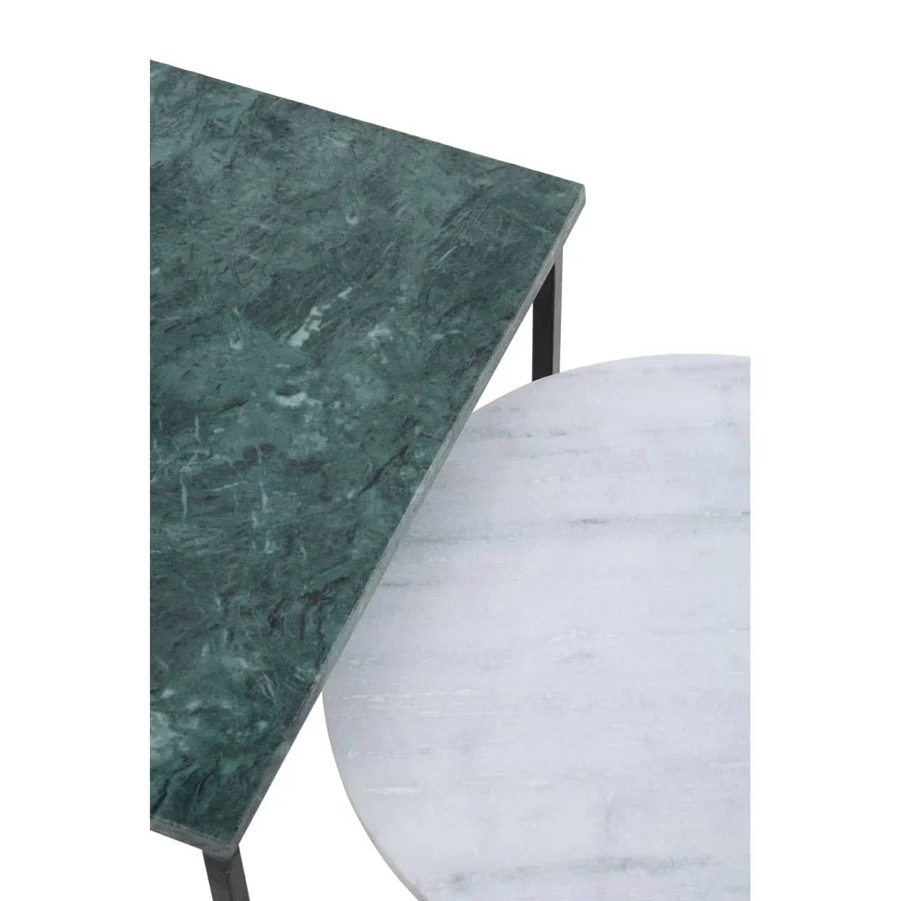 Green marble top triangle table and white marble round table overlapping view