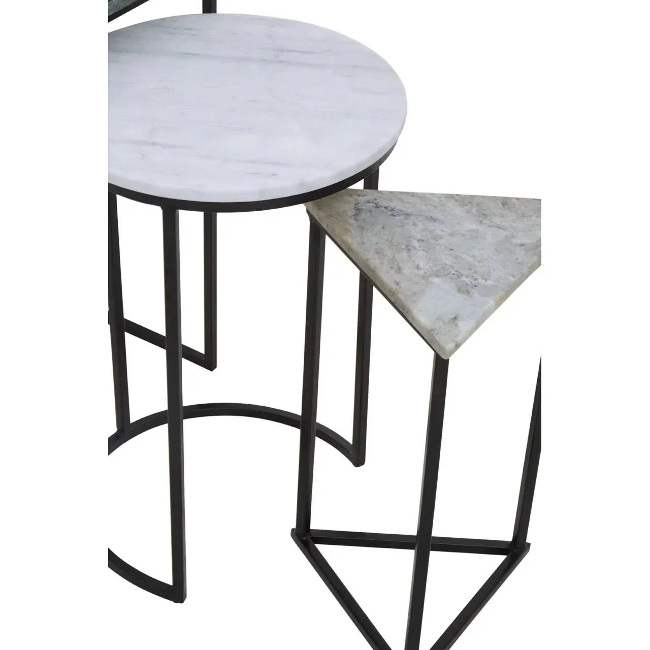 Round marble nesting table with metal frame next to a triangular marble side table