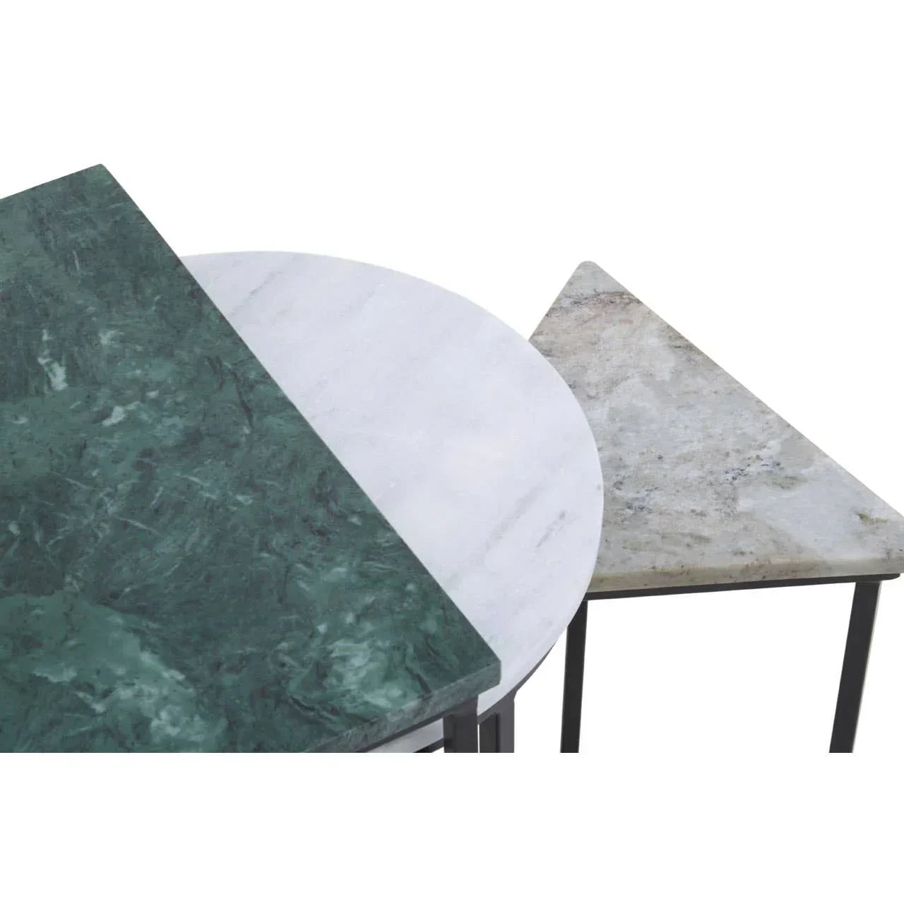 Set of three marble accent tables in green, white, and beige with modern geometric tops