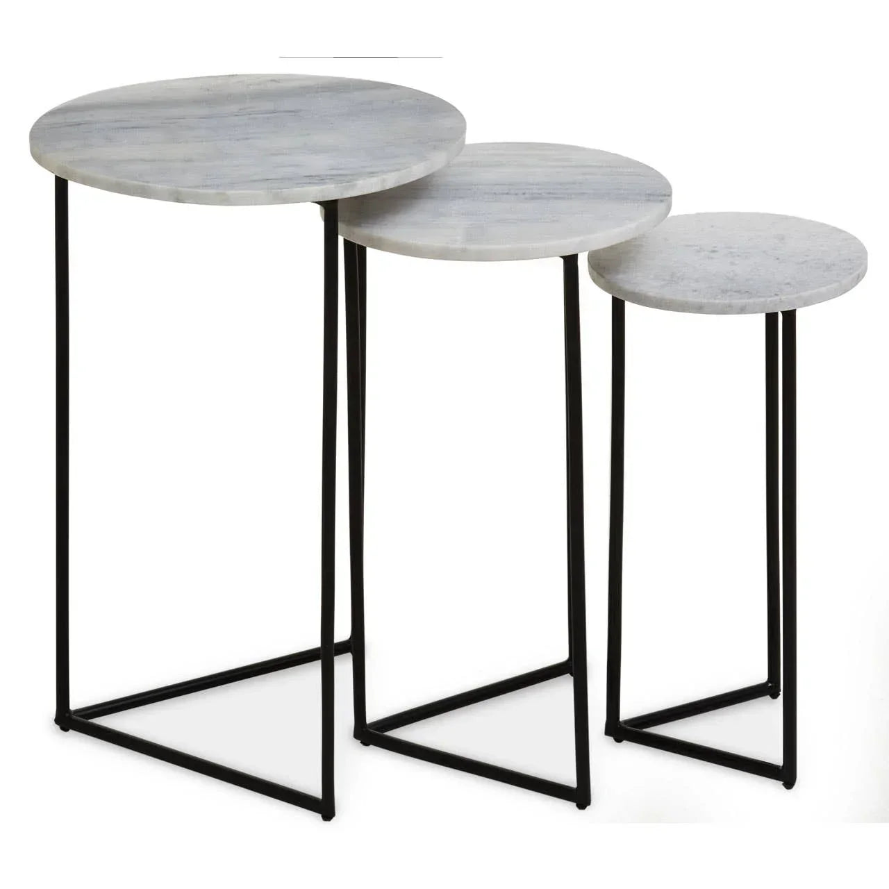 Set of three nesting side tables with round marble tops and black metal frames