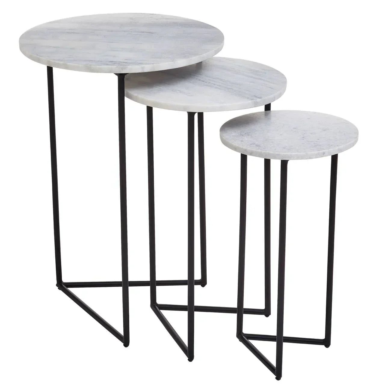 Round marble nesting tables with black metal legs, set of three in graduated heights