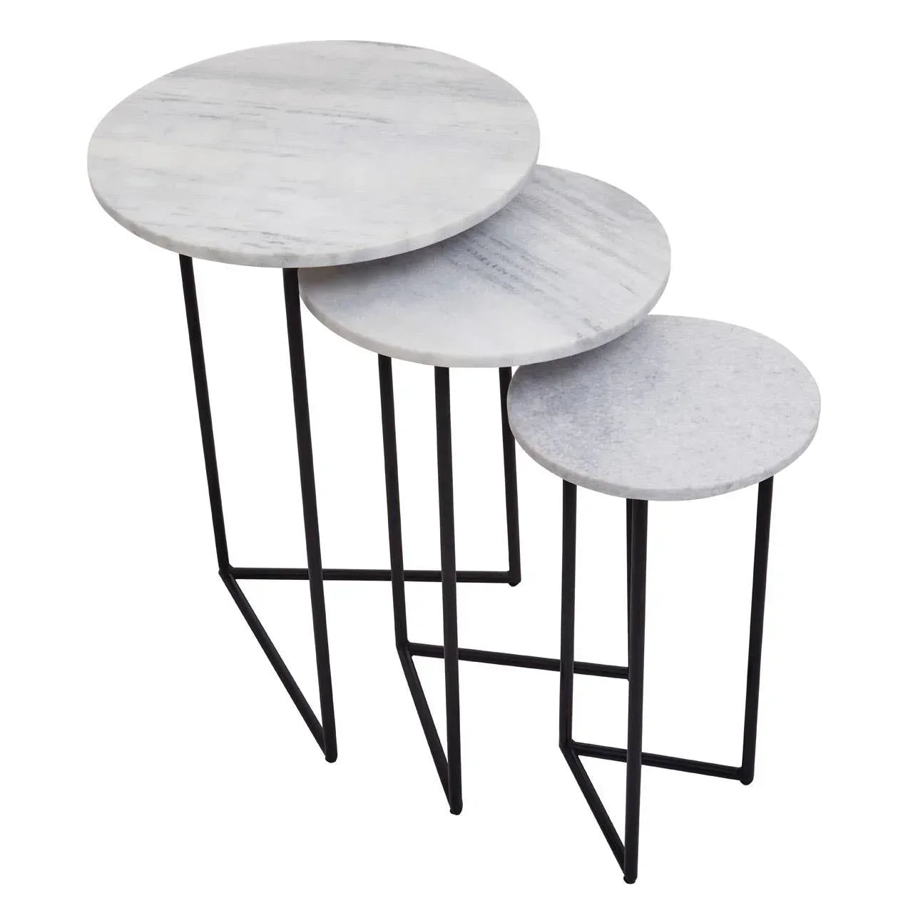 Set of three round marble nesting tables with black metal legs, staggered for display