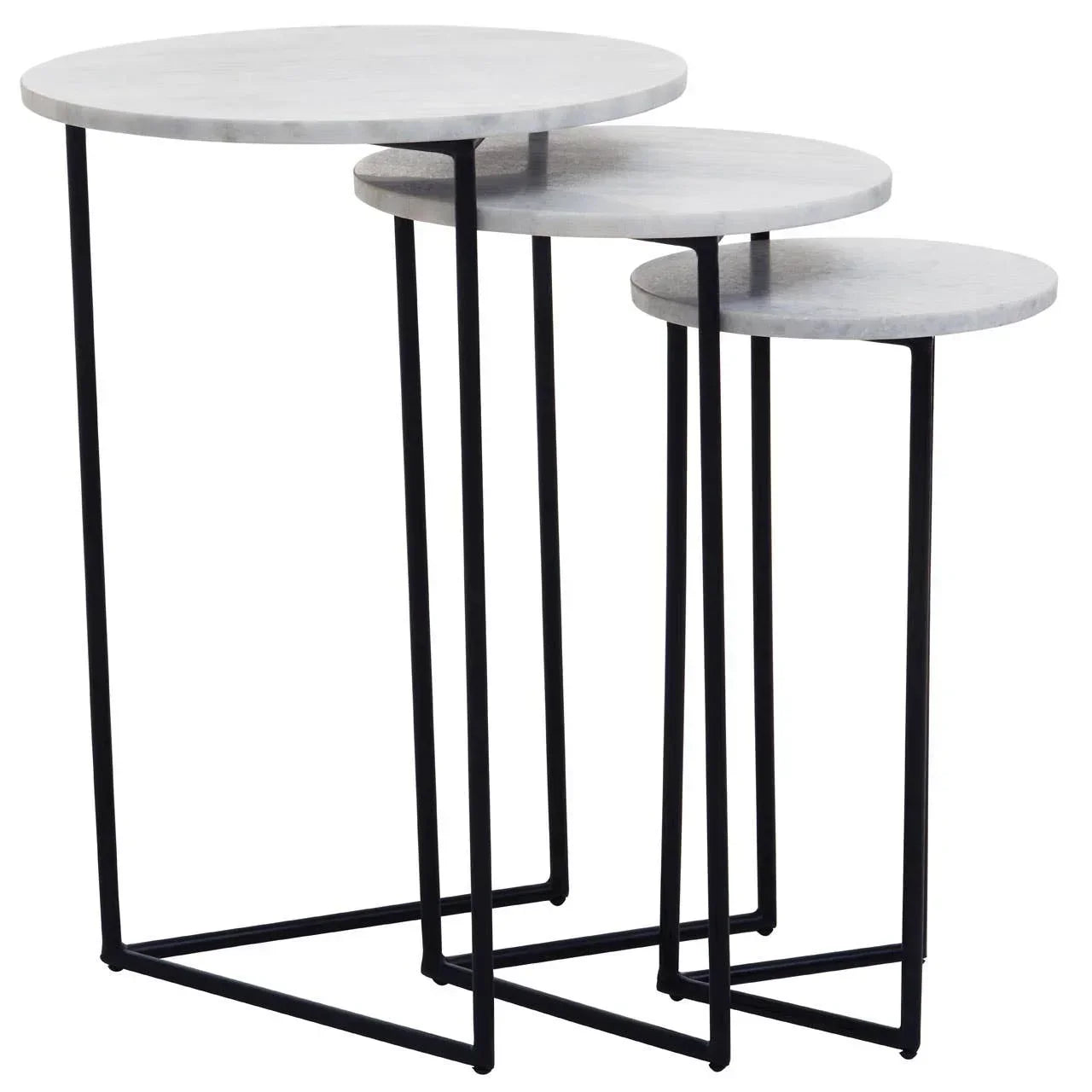 Set of three round marble nesting tables with black metal legs in staggered sizes
