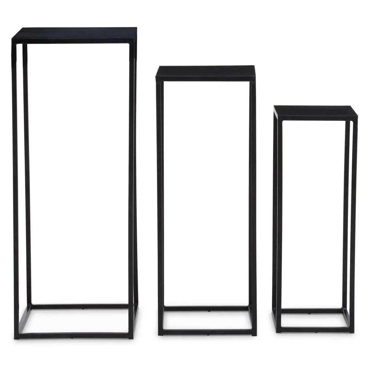 Set of three black metal plant stands in varying heights with minimalist design