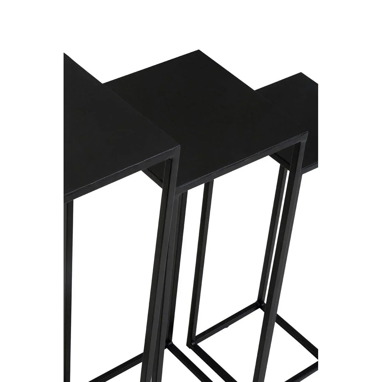 Set of three black metal nesting tables with square tops and minimalist frame design