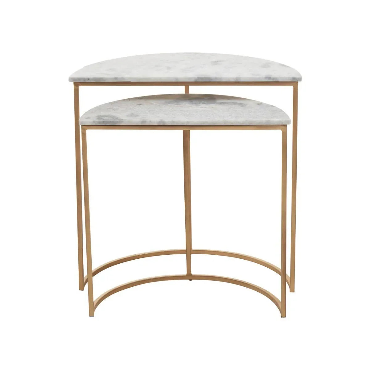 Set of two marble nesting tables with gold metal frames, semi-circular design