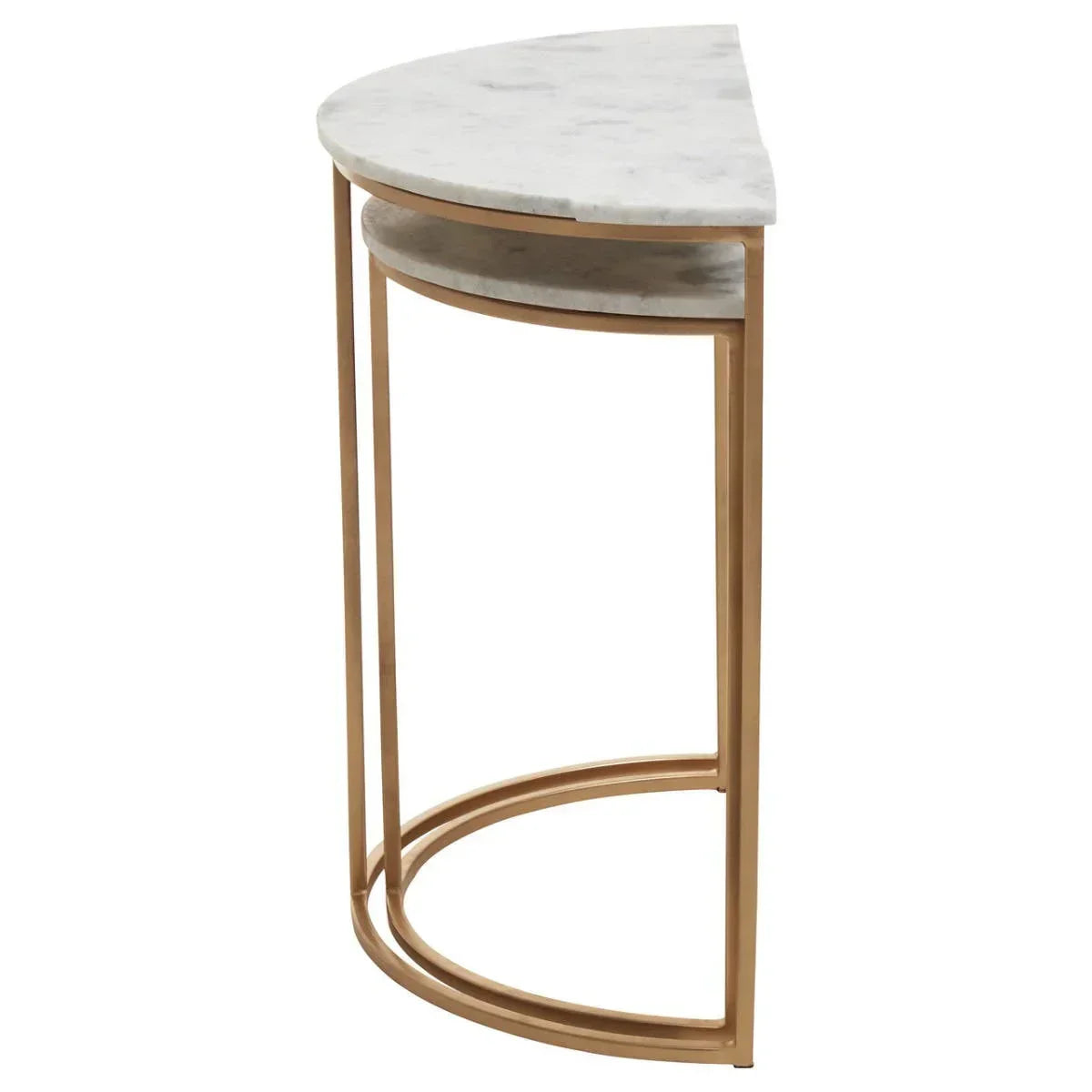 Half moon marble console table with gold metal frame, side angle view