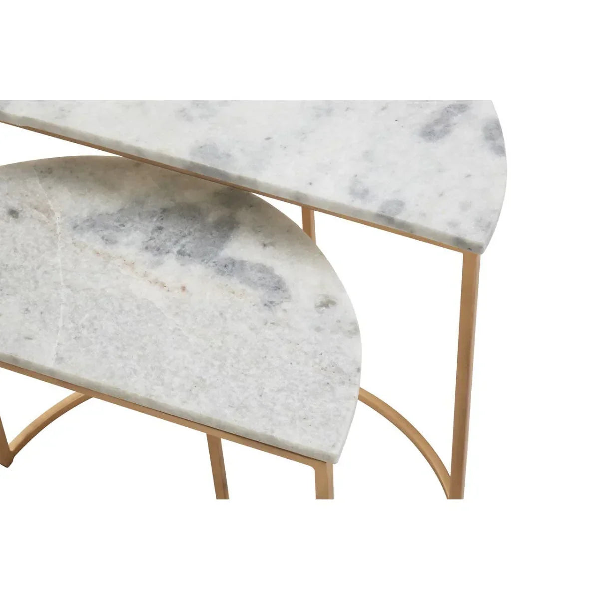 White marble nesting tables with gold metal legs, close-up of corner and surface detail