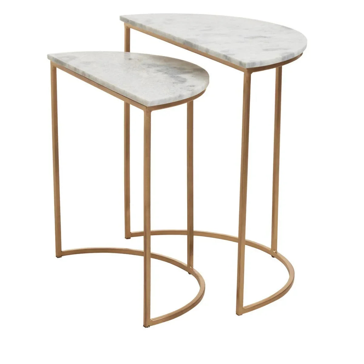Set of two marble top nesting side tables with gold metal frames, semi-circular design
