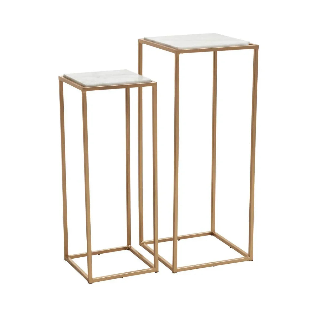 Set of two gold metal plant stands with white rectangular tops