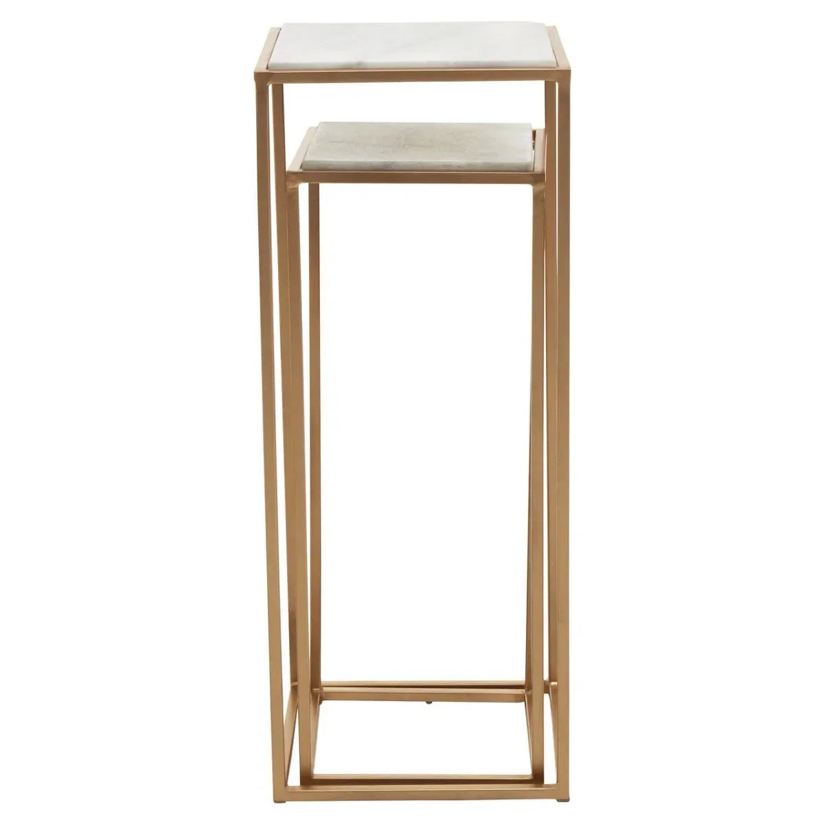 Set of two gold metal nesting side tables with white marble tops, front view
