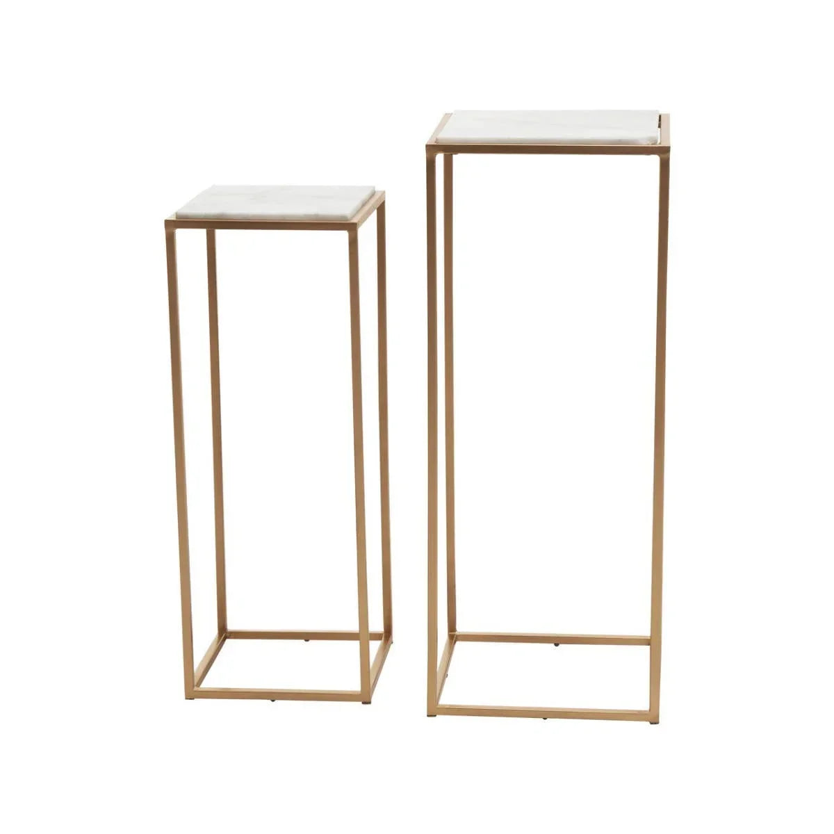 Set of two gold metal side tables with square white marble tops
