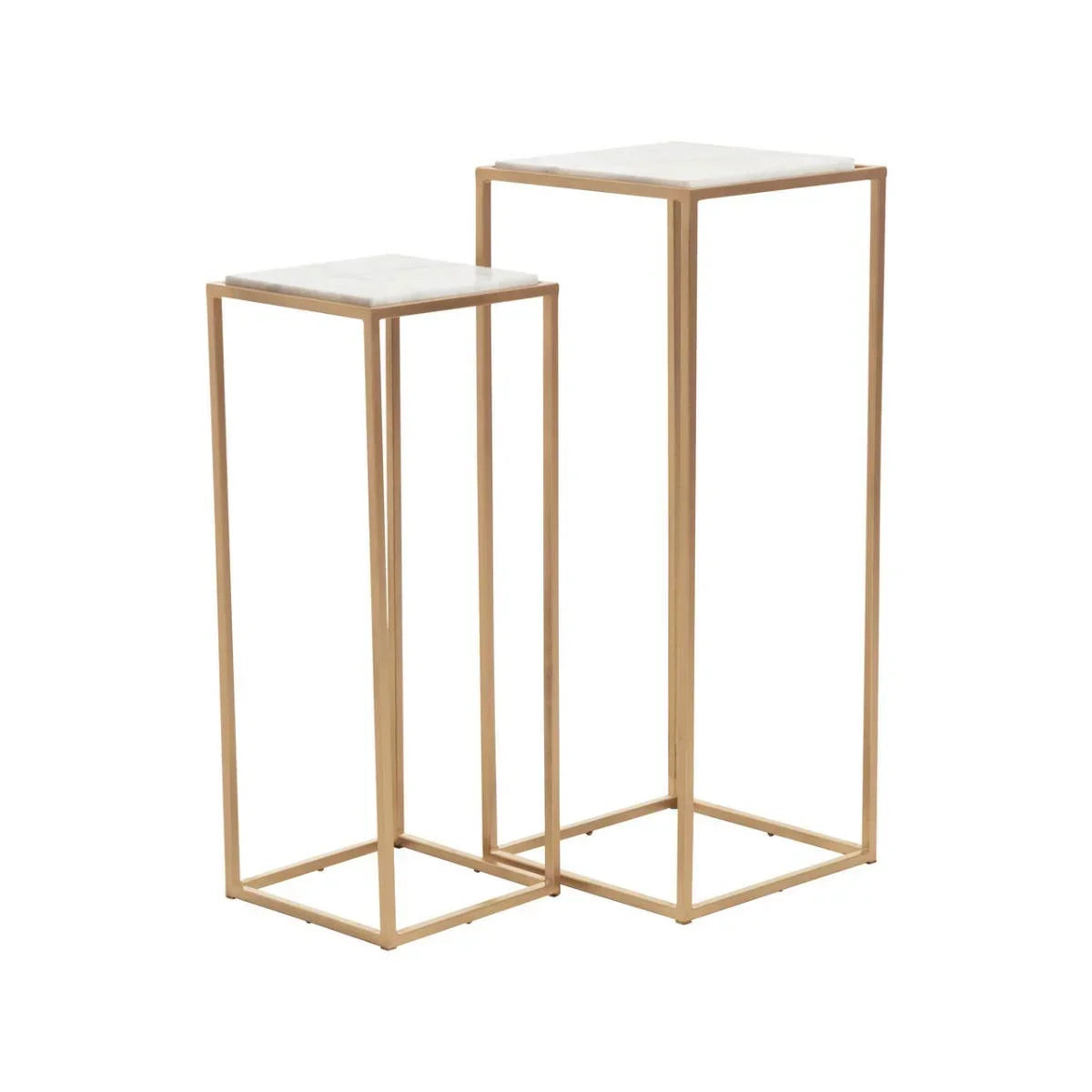 Set of two gold metal frame side tables with white square tops, modern minimalist design