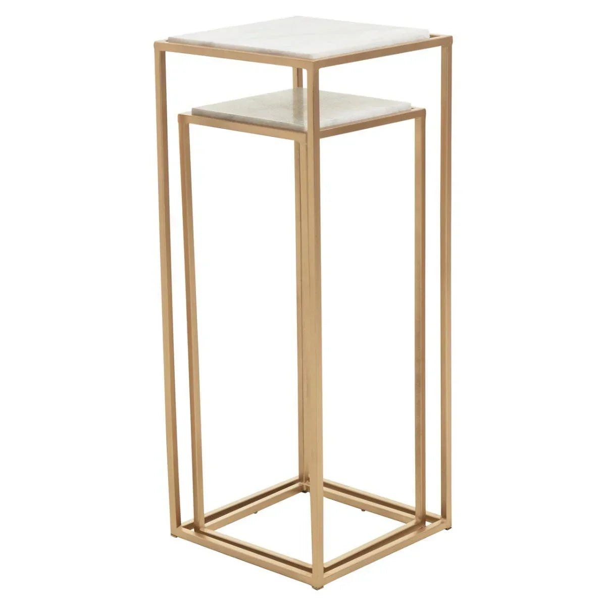 Gold metal frame side table with two square white marble shelves