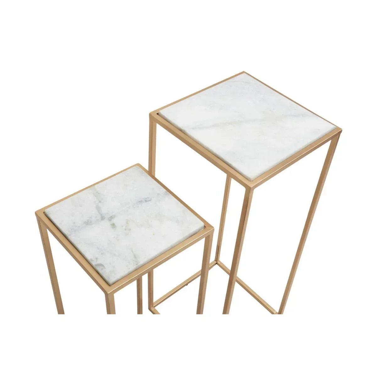 Set of two square marble top side tables with gold metal frames
